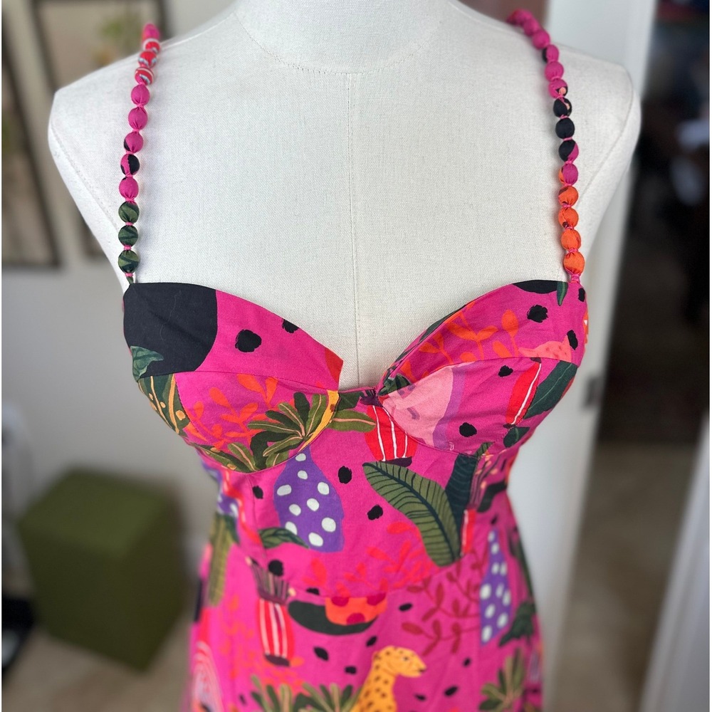 Farm Rio SZ XS Leopards Pop Tropical Jungle Maxi Dress Pink Multi Tiered Beaded - Picture 7 of 16